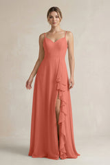 Sweetheart Ruffled A - Line Chiffon Bridesmaid Dress with Slit in Wild Rose - KISS BRIDAL Bridesmaid Dresses