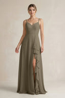 Sweetheart Ruffled A - Line Chiffon Bridesmaid Dress with Slit in Willow Green - SHE IS ME Bridesmaid Dresses
