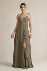 Sweetheart Ruffled A - Line Chiffon Bridesmaid Dress with Slit in Willow Green - KISS BRIDAL Bridesmaid Dresses