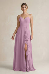 Sweetheart Ruffled A - Line Chiffon Bridesmaid Dress with Slit in Wisteria - KISS BRIDAL Bridesmaid Dresses