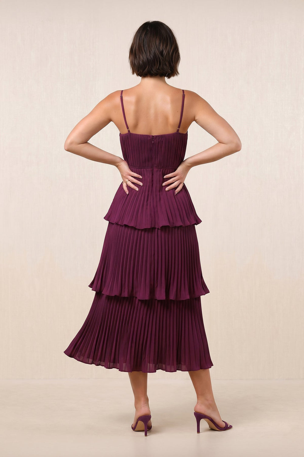 Sweetheart Ruffled Chiffon Tiered A-Line Midi Dress in Berry– KISS BRIDAL Dresses