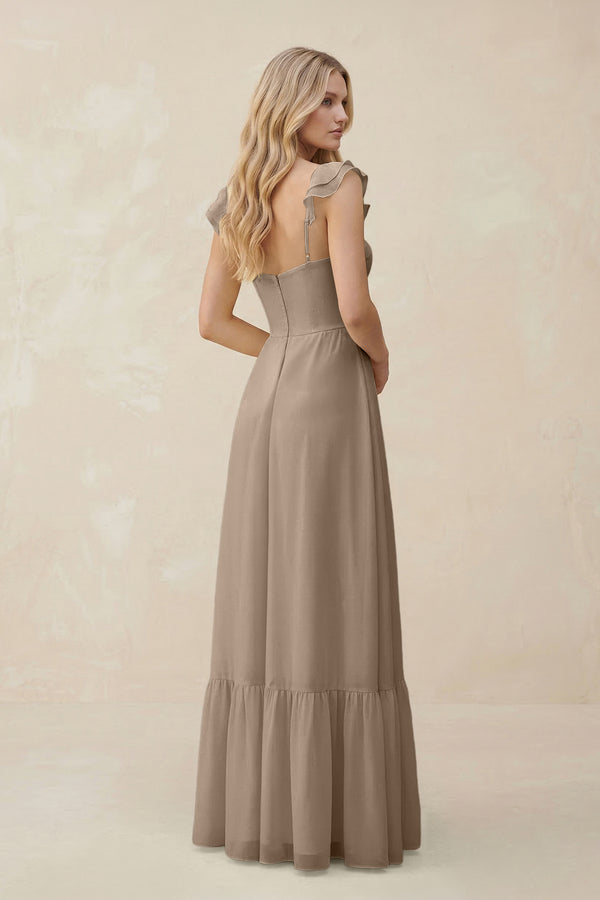 Sweetheart Ruffled Sleeve A-Line Chiffon Bridesmaid Dress in Almond (2) | KISSBRIDAL