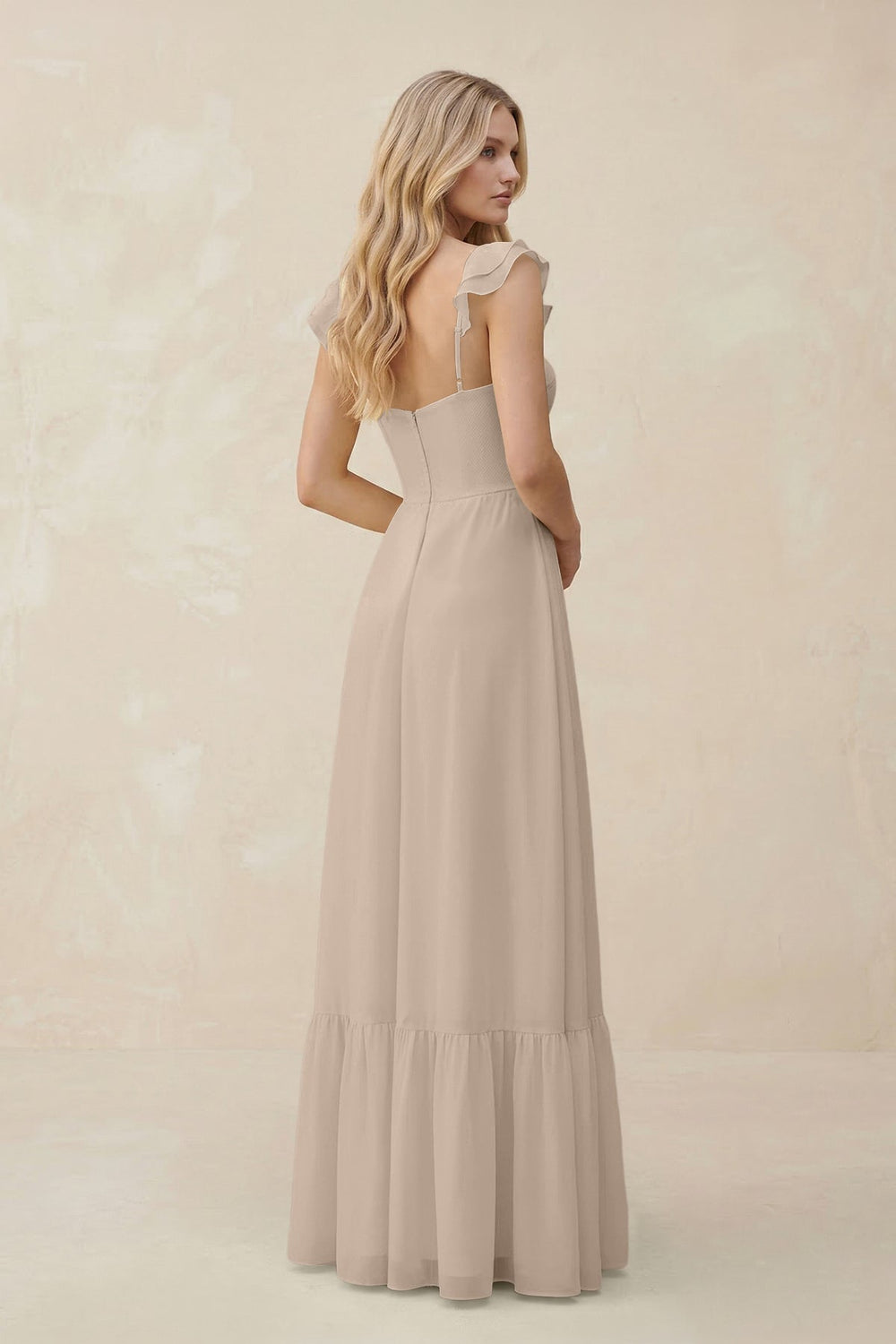 Sweetheart Ruffled Sleeve A - Line Chiffon Bridesmaid Dress in Almond - KISS BRIDAL Bridesmaid Dresses