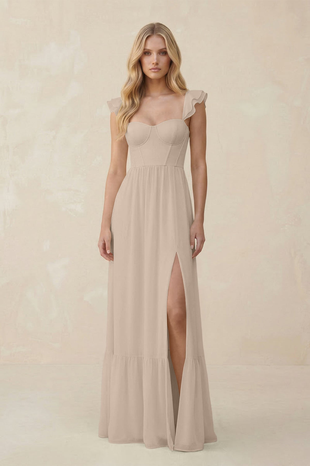 Sweetheart Ruffled Sleeve A - Line Chiffon Bridesmaid Dress in Almond - KISS BRIDAL Bridesmaid Dresses