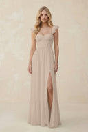 Sweetheart Ruffled Sleeve A - Line Chiffon Bridesmaid Dress in Almond - SHE IS ME Bridesmaid Dresses