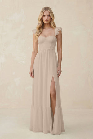 Sweetheart Ruffled Sleeve A - Line Chiffon Bridesmaid Dress in Almond - SHE IS ME Bridesmaid Dresses
