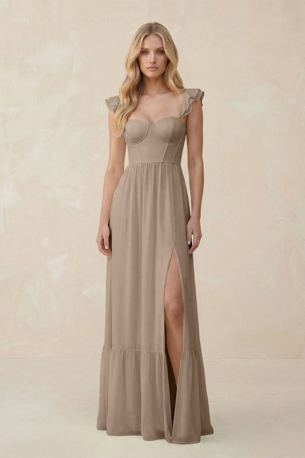 Sweetheart Ruffled Sleeve A-Line Chiffon Bridesmaid Dress in Almond