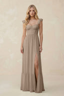 Sweetheart Ruffled Sleeve A-Line Chiffon Bridesmaid Dress in Almond | KISSBRIDAL