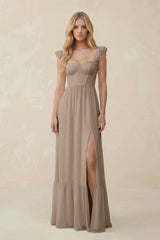 Sweetheart Ruffled Sleeve A-Line Chiffon Bridesmaid Dress in Almond | KISSBRIDAL