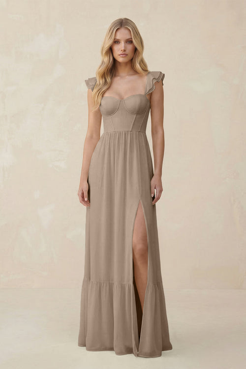 Sweetheart Ruffled Sleeve A-Line Chiffon Bridesmaid Dress in Almond | KISSBRIDAL