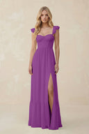 Sweetheart Ruffled Sleeve A - Line Chiffon Bridesmaid Dress in Amethyst - SHE IS ME Bridesmaid Dresses