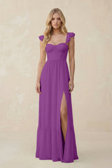 Sweetheart Ruffled Sleeve A - Line Chiffon Bridesmaid Dress in Amethyst - KISS BRIDAL Bridesmaid Dresses