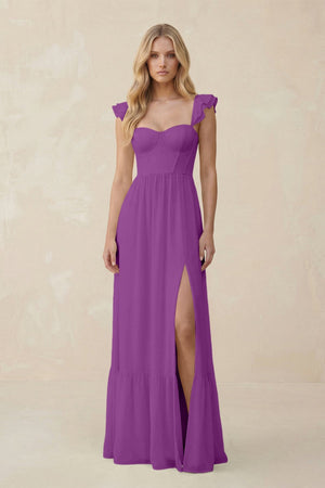 Sweetheart Ruffled Sleeve A - Line Chiffon Bridesmaid Dress in Amethyst - SHE IS ME Bridesmaid Dresses