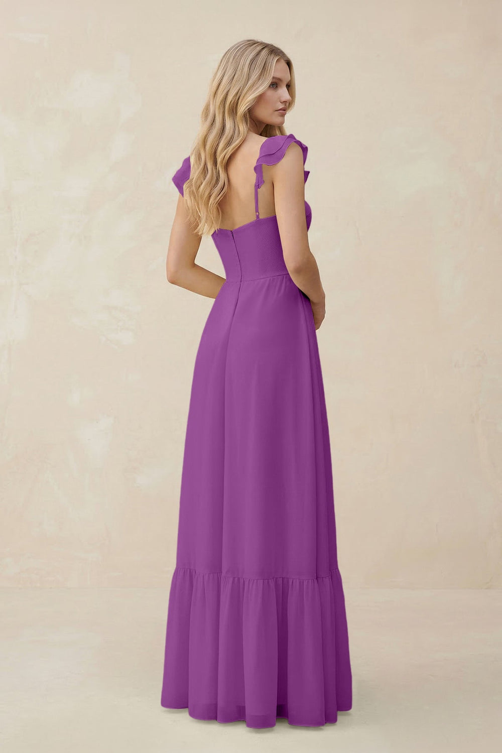 Sweetheart Ruffled Sleeve A - Line Chiffon Bridesmaid Dress in Amethyst - KISS BRIDAL Bridesmaid Dresses