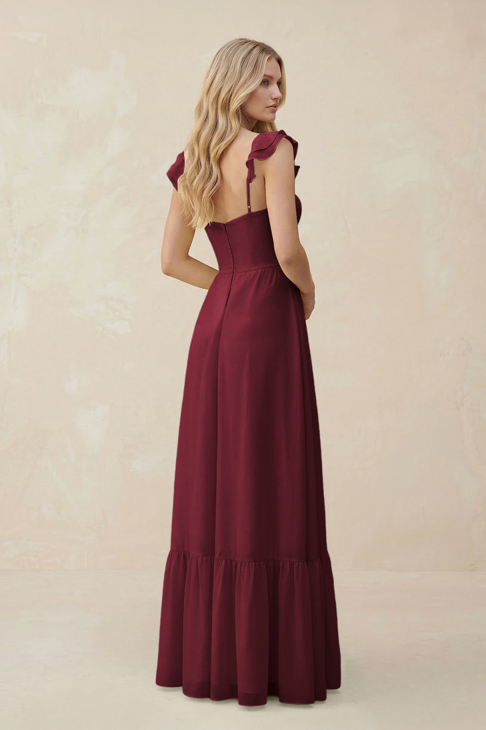 Sweetheart Ruffled Sleeve A-Line Chiffon Bridesmaid Dress in Berry