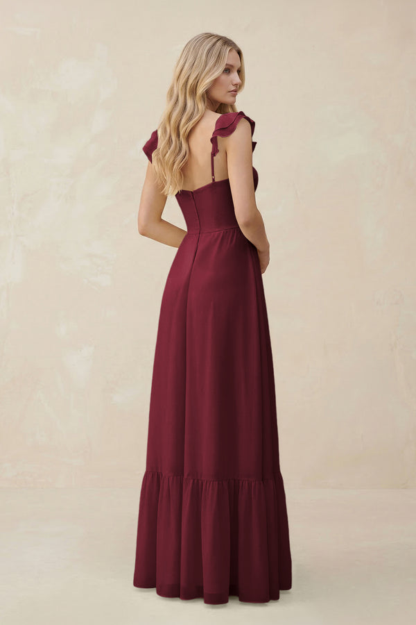 Sweetheart Ruffled Sleeve A-Line Chiffon Bridesmaid Dress in Berry (2) | KISSBRIDAL