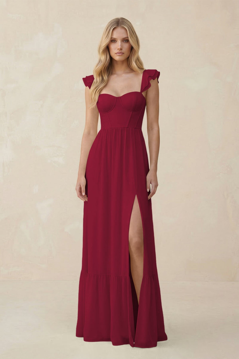 Sweetheart Ruffled Sleeve A - Line Chiffon Bridesmaid Dress in Berry - KISS BRIDAL Bridesmaid Dresses