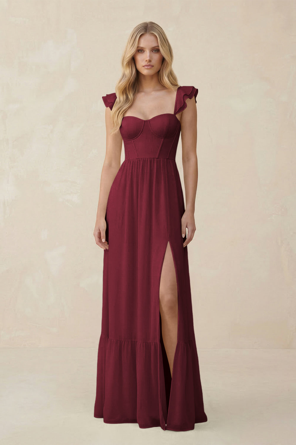 Sweetheart Ruffled Sleeve A-Line Chiffon Bridesmaid Dress in Berry