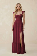 Sweetheart Ruffled Sleeve A-Line Chiffon Bridesmaid Dress in Berry | KISSBRIDAL
