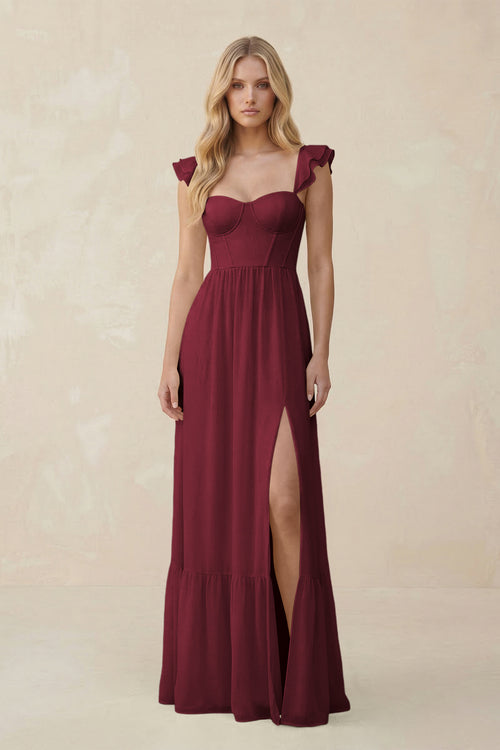 Sweetheart Ruffled Sleeve A-Line Chiffon Bridesmaid Dress in Berry | KISSBRIDAL