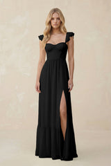 Sweetheart Ruffled Sleeve A - Line Chiffon Bridesmaid Dress in Black - KISS BRIDAL Bridesmaid Dresses