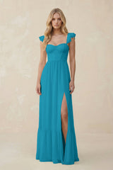 Sweetheart Ruffled Sleeve A - Line Chiffon Bridesmaid Dress in Blue Jay - KISS BRIDAL Bridesmaid Dresses