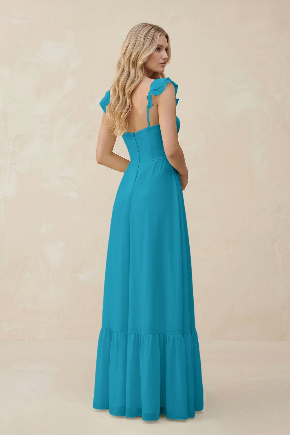 Sweetheart Ruffled Sleeve A - Line Chiffon Bridesmaid Dress in Blue Jay - KISS BRIDAL Bridesmaid Dresses