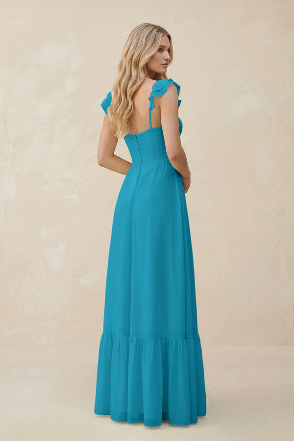 Sweetheart Ruffled Sleeve A - Line Chiffon Bridesmaid Dress in Blue Jay - SHE IS ME Bridesmaid Dresses