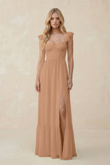 Sweetheart Ruffled Sleeve A - Line Chiffon Bridesmaid Dress in Bronzer - KISS BRIDAL Bridesmaid Dresses