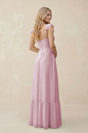 Sweetheart Ruffled Sleeve A-Line Chiffon Bridesmaid Dress in Candy Pink (2) | KISSBRIDAL