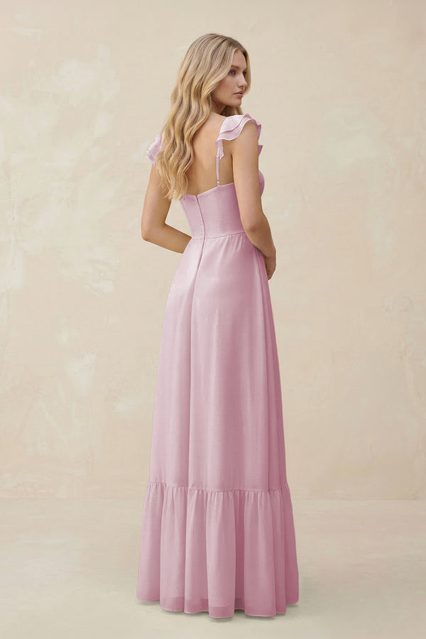Sweetheart Ruffled Sleeve A-Line Chiffon Bridesmaid Dress in Candy Pink (2) | KISSBRIDAL