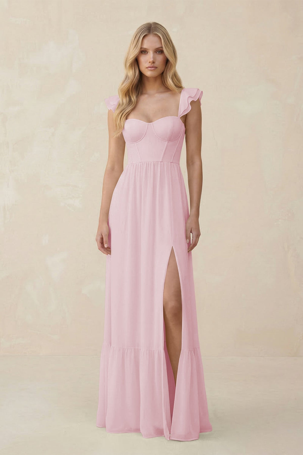 Sweetheart Ruffled Sleeve A - Line Chiffon Bridesmaid Dress in Candy Pink - KISS BRIDAL Bridesmaid Dresses