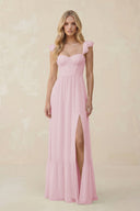 Sweetheart Ruffled Sleeve A - Line Chiffon Bridesmaid Dress in Candy Pink - SHE IS ME Bridesmaid Dresses