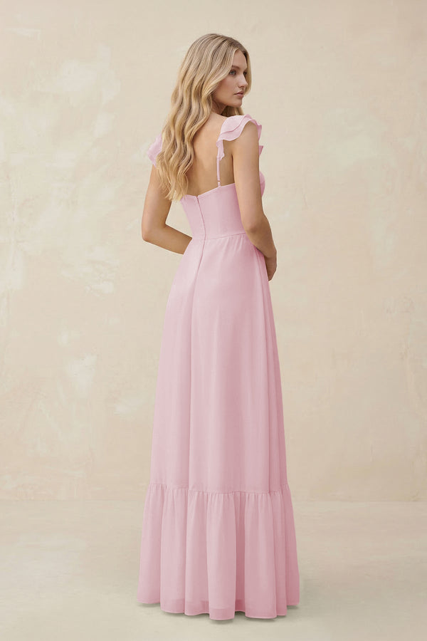 Sweetheart Ruffled Sleeve A - Line Chiffon Bridesmaid Dress in Candy Pink - SHE IS ME Bridesmaid Dresses