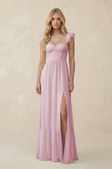 Sweetheart Ruffled Sleeve A-Line Chiffon Bridesmaid Dress in Candy Pink | KISSBRIDAL