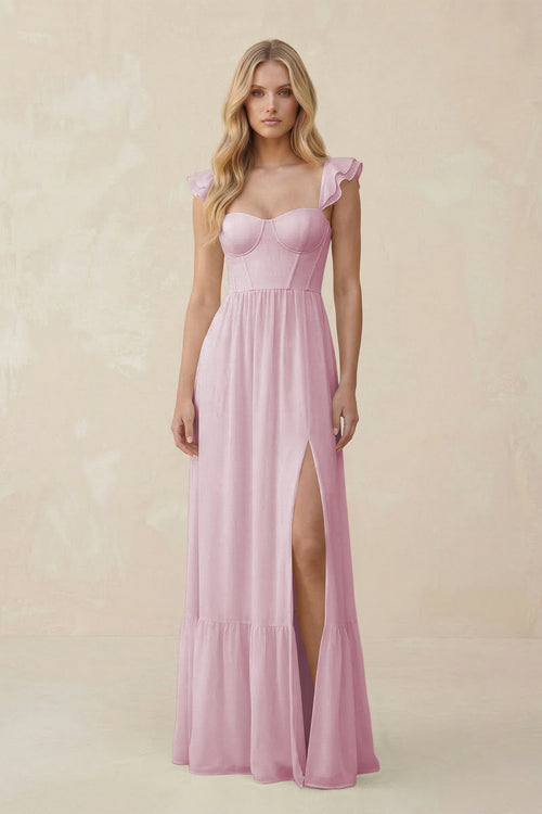 Sweetheart Ruffled Sleeve A-Line Chiffon Bridesmaid Dress in Candy Pink | KISSBRIDAL