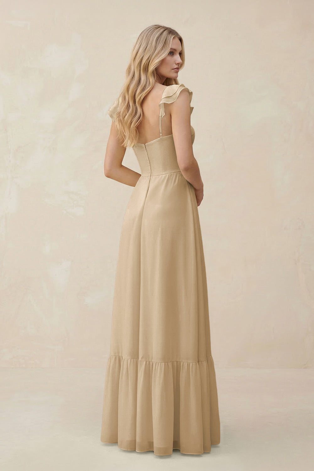 Sweetheart Ruffled Sleeve A-Line Chiffon Bridesmaid Dress in Champagne