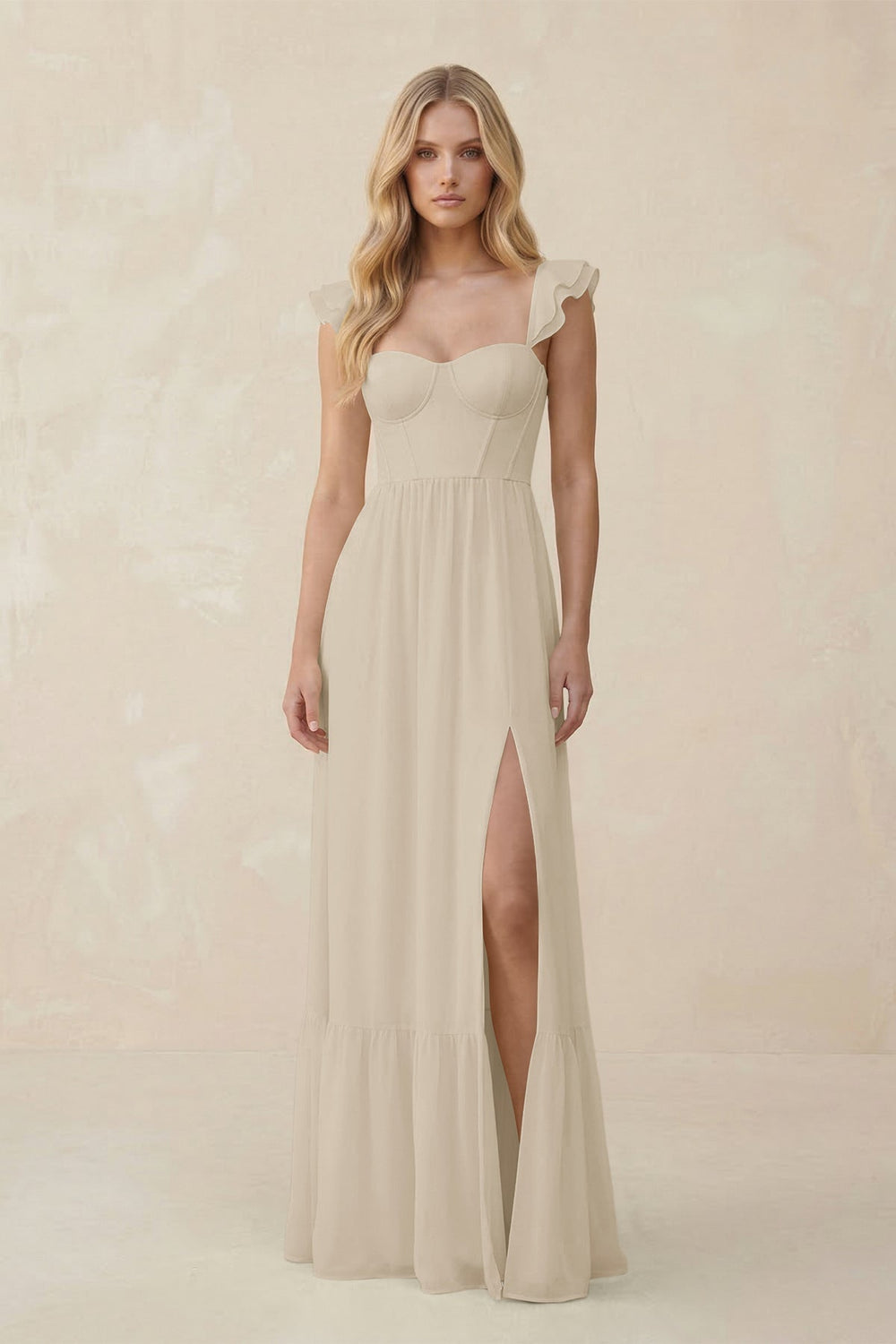 Sweetheart Ruffled Sleeve A - Line Chiffon Bridesmaid Dress in Champagne - KISS BRIDAL Bridesmaid Dresses