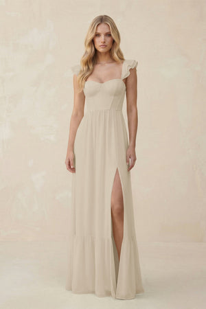 Sweetheart Ruffled Sleeve A - Line Chiffon Bridesmaid Dress in Champagne - SHE IS ME Bridesmaid Dresses