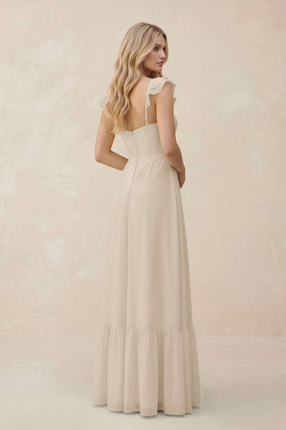 Sweetheart Ruffled Sleeve A - Line Chiffon Bridesmaid Dress in Champagne - KISS BRIDAL Bridesmaid Dresses