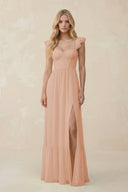 Sweetheart Ruffled Sleeve A - Line Chiffon Bridesmaid Dress in Champagne Rose - SHE IS ME Bridesmaid Dresses