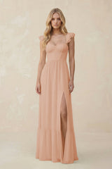 Sweetheart Ruffled Sleeve A - Line Chiffon Bridesmaid Dress in Champagne Rose - KISS BRIDAL Bridesmaid Dresses