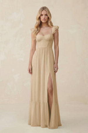 Sweetheart Ruffled Sleeve A-Line Chiffon Bridesmaid Dress in Champagne | KISSBRIDAL