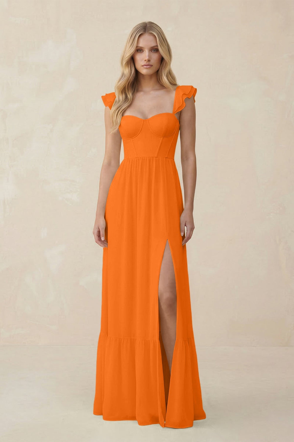 Sweetheart Ruffled Sleeve A - Line Chiffon Bridesmaid Dress in Cinnamon - KISS BRIDAL Bridesmaid Dresses