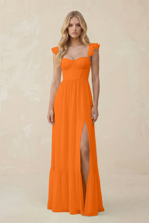 Sweetheart Ruffled Sleeve A - Line Chiffon Bridesmaid Dress in Cinnamon - SHE IS ME Bridesmaid Dresses