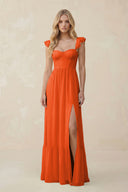 Sweetheart Ruffled Sleeve A-Line Chiffon Bridesmaid Dress in Cinnamon | KISSBRIDAL