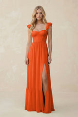 Sweetheart Ruffled Sleeve A-Line Chiffon Bridesmaid Dress in Cinnamon | KISSBRIDAL