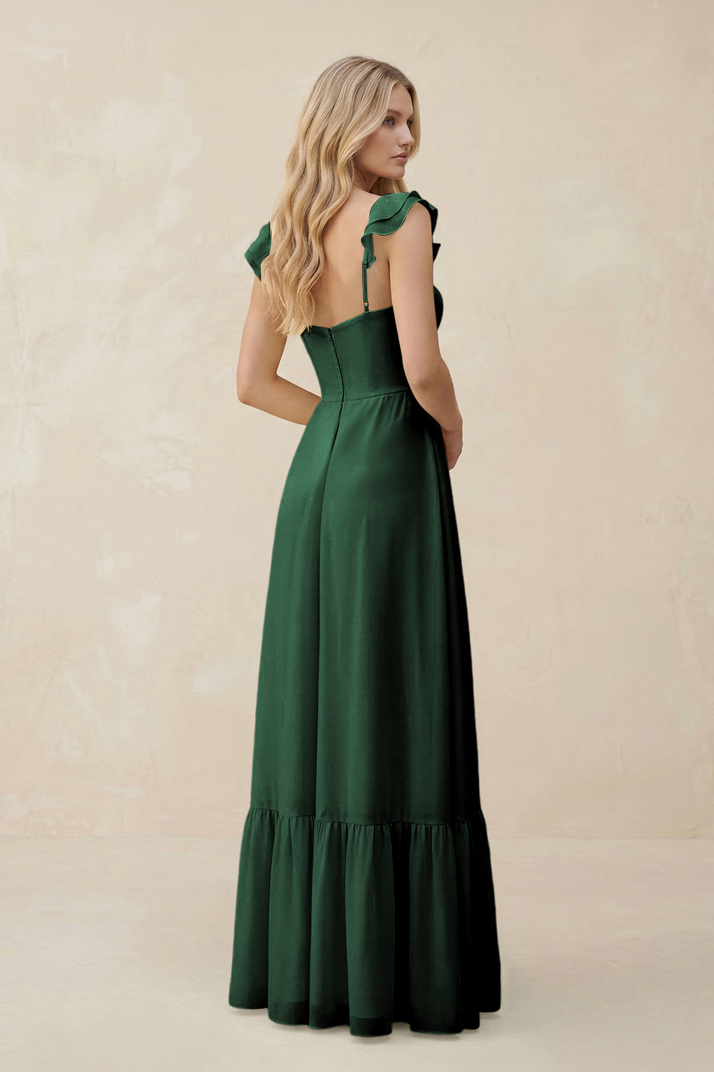 Sweetheart Ruffled Sleeve A-Line Chiffon Bridesmaid Dress in Dark Green