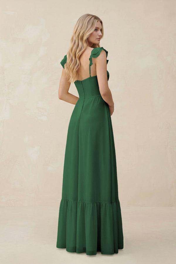 Sweetheart Ruffled Sleeve A - Line Chiffon Bridesmaid Dress in Dark Green - SHE IS ME Bridesmaid Dresses