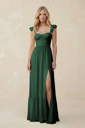 Sweetheart Ruffled Sleeve A-Line Chiffon Bridesmaid Dress in Dark Green | KISSBRIDAL